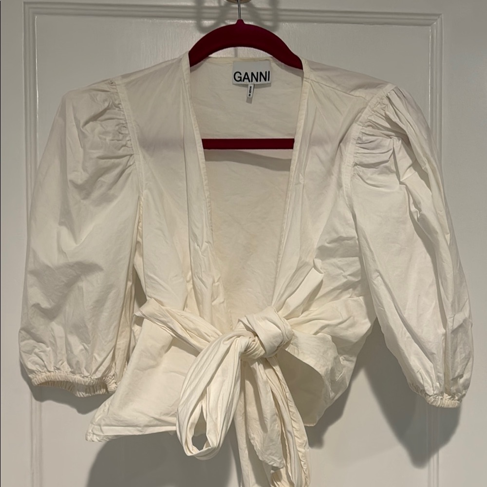 Ganni White Tie Front Blouse with Puffed Sleeves